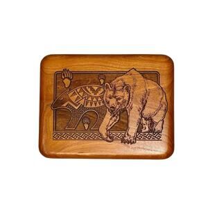 Engraved Wooden Jewelry Trinket Box Bear Design Velvet Lined‎ Rustic Lodge Decor